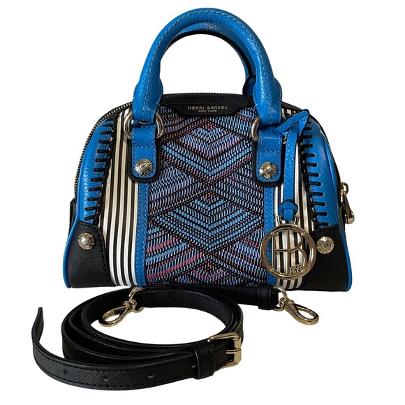 EUC Henri Bendel Centennial Mini Barrel Bag Striped Blue Tapestry - Picture 4 of 17